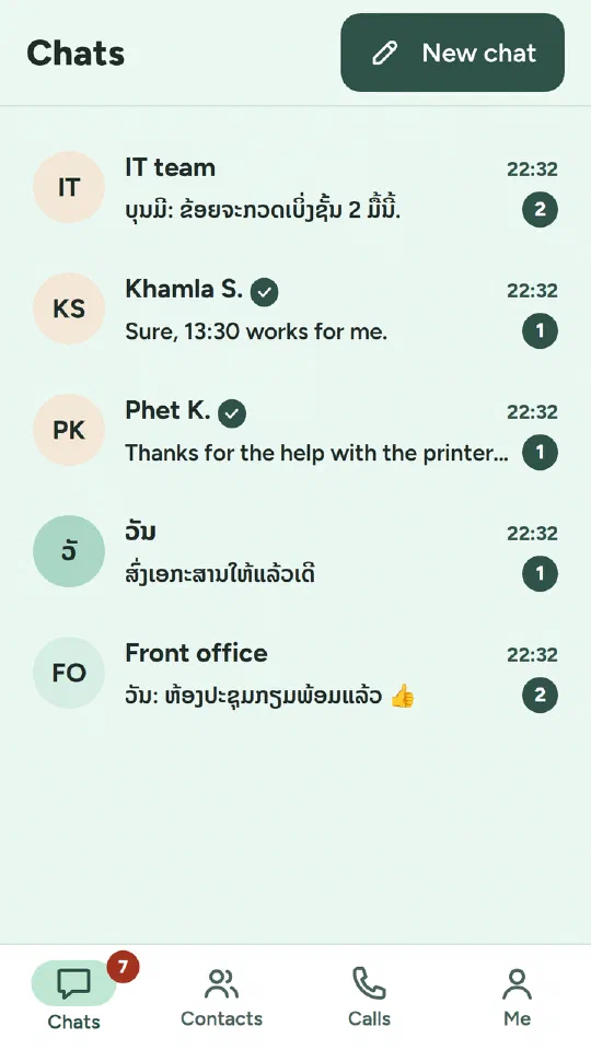 The chat list with group and direct chats, unread counts and Verified marks