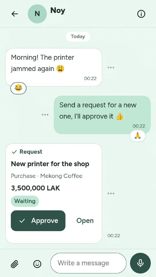 A chat between Som and Noy with emoji reactions, and the request's card with Approve and Open buttons