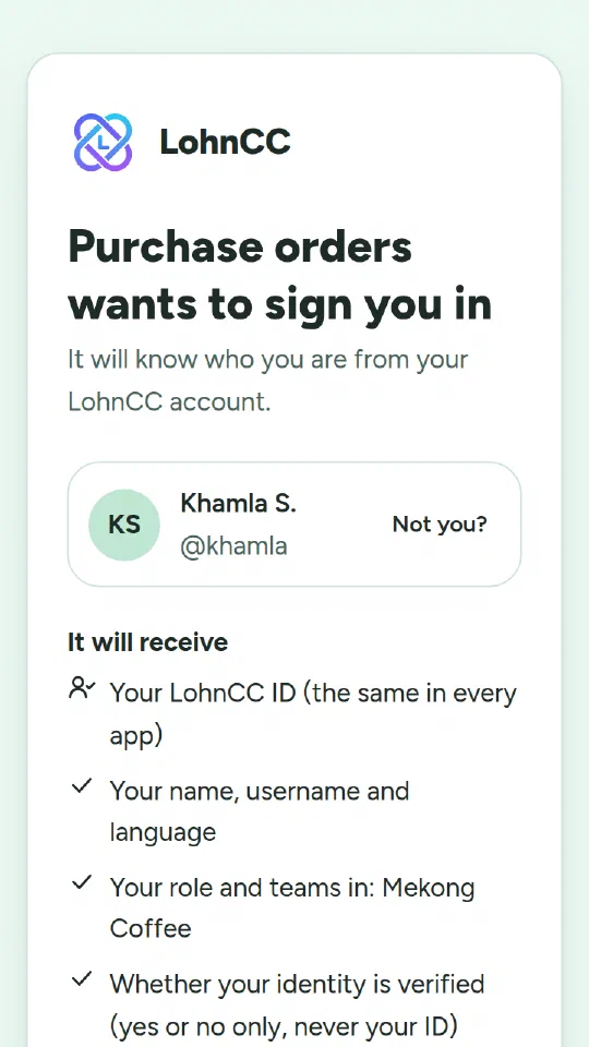 The Login with LohnCC screen: Purchase orders wants to sign you in, and the list of what it will receive