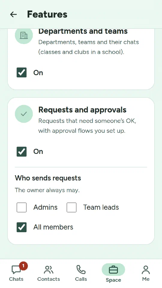 A space's Features page with Requests and approvals turned on and All members allowed to send requests