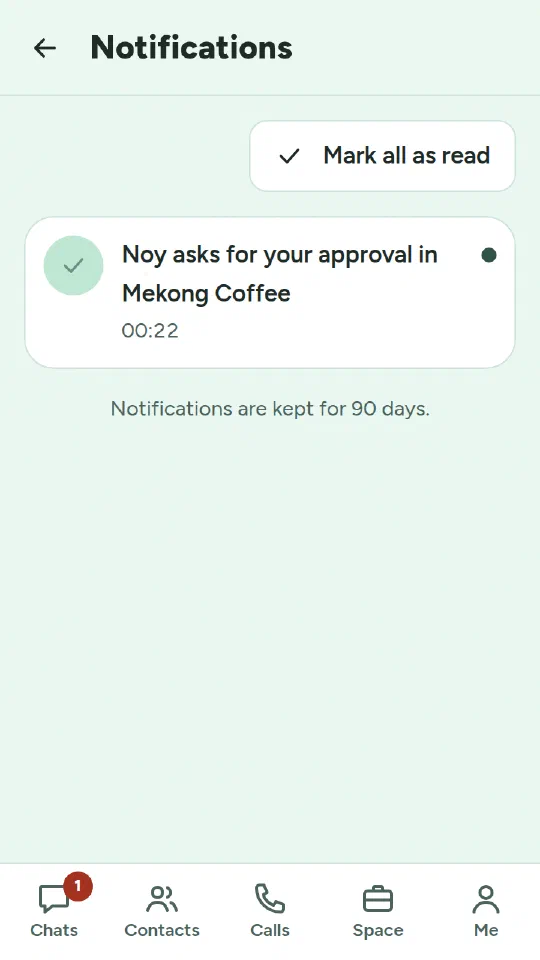 The notifications inbox with one notification: Noy asks for your approval in Mekong Coffee