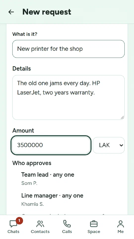 A new request for a printer, 3,500,000 kip, showing that Som P. (team lead) and Khamla S. (line manager) will approve it