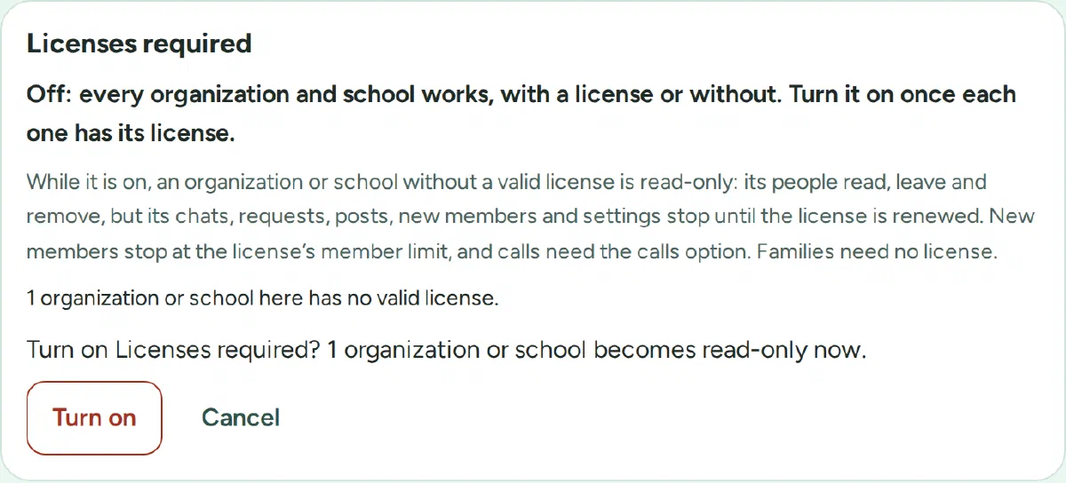 Licenses required in the LohnCC admin console: off, with what it does, and the confirmation: Turn on Licenses required? 1 organization or school becomes read-only now