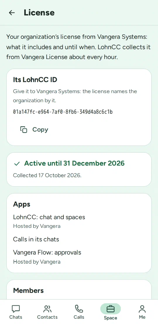 Space → License in LohnCC: the organization's LohnCC ID with Copy, Active until 31 December 2026, and its apps: LohnCC, calls and Vangera Flow, hosted by Vangera