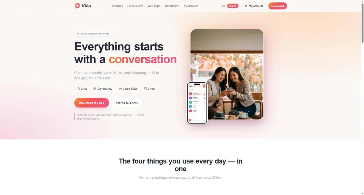 The Ohlom website homepage: 'Everything starts with a conversation', with buttons for Chat, Community, Video & live and Shop, and a phone showing the Ohlom chat list
