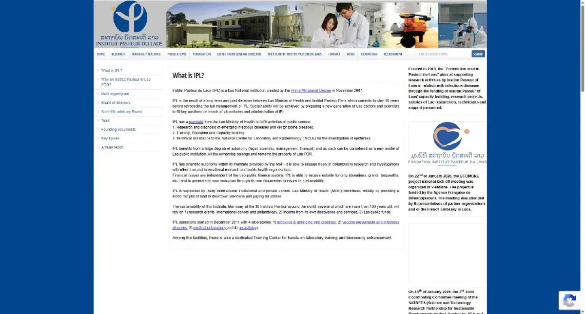 The Institut Pasteur du Laos website homepage in 2026, with the institute's logo, building photo, navigation menu and the 'What is IPL?' page