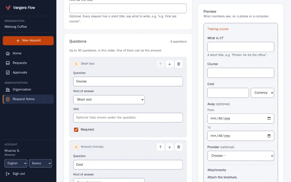 The form builder in Vangera Flow on a computer: a Training course form with questions for the course and its cost, and a preview of the form on the right