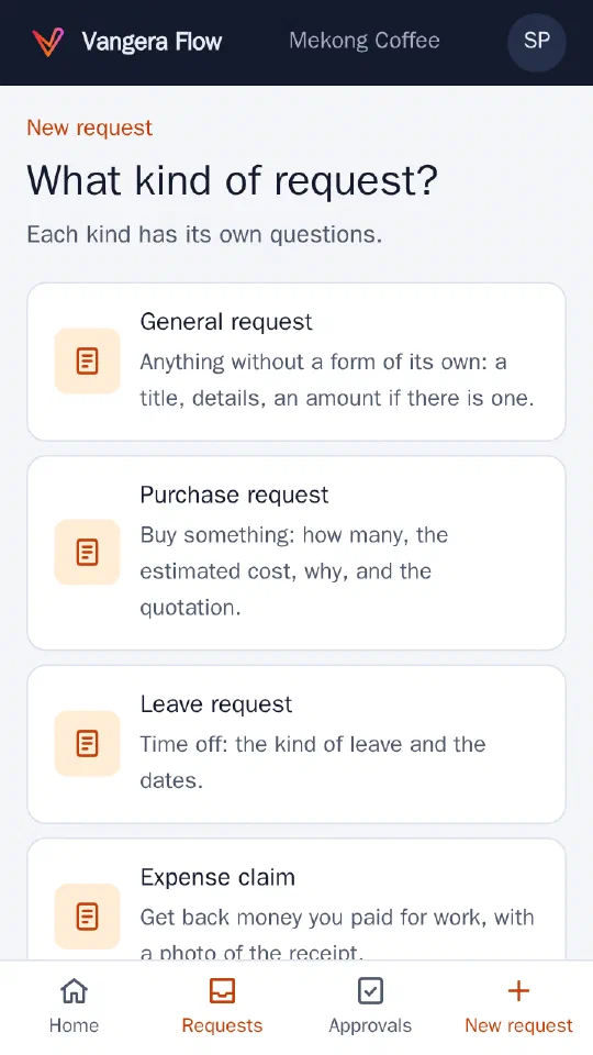 Vangera Flow on a phone: What kind of request? General, Purchase, Leave and Expense claim