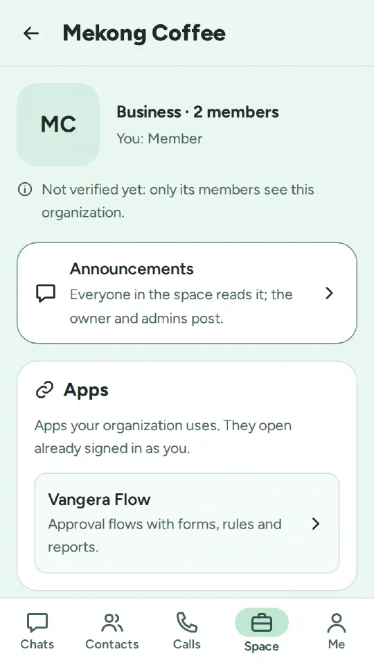 The Mekong Coffee organization page in LohnCC, with Vangera Flow under Apps: apps your organization uses, they open already signed in as you