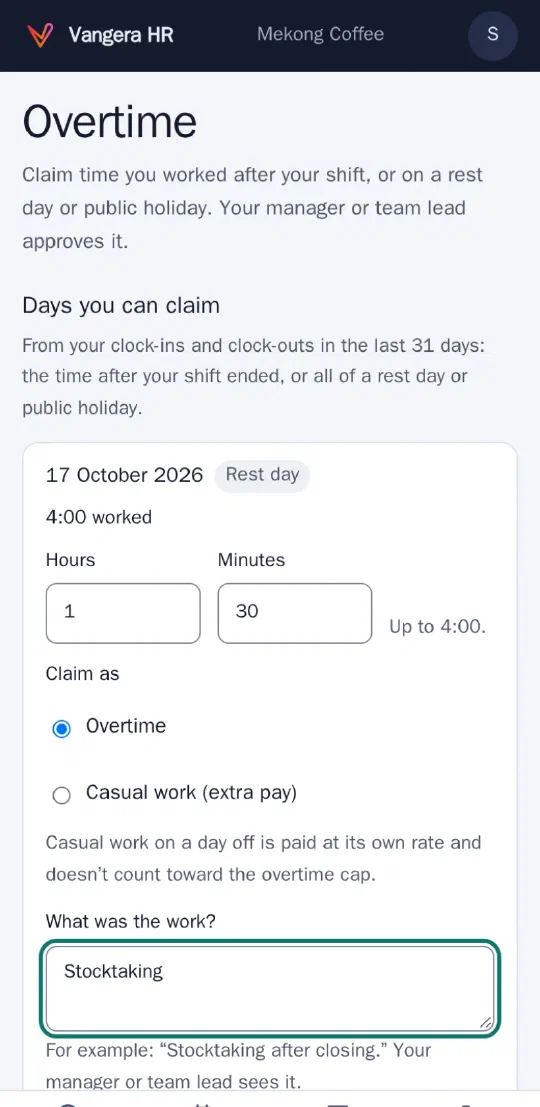Claiming 1 hour 30 of overtime for a Saturday on a phone, with the reason