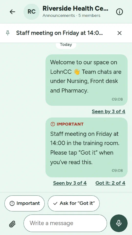 The clinic's announcements: a pinned, important message about a staff meeting, seen by 3 of 4 people, 2 of whom tapped Got it