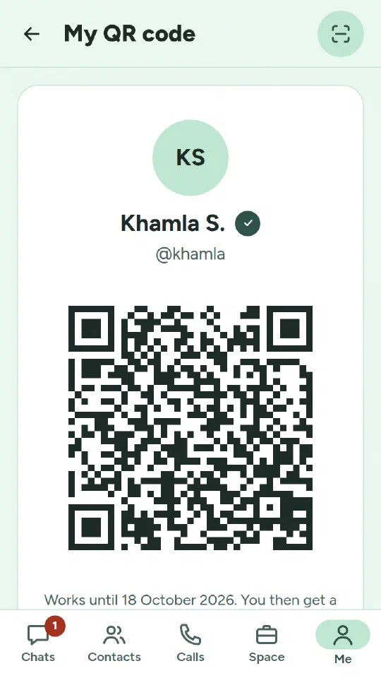 A member's QR code page with their name, Verified mark and QR code
