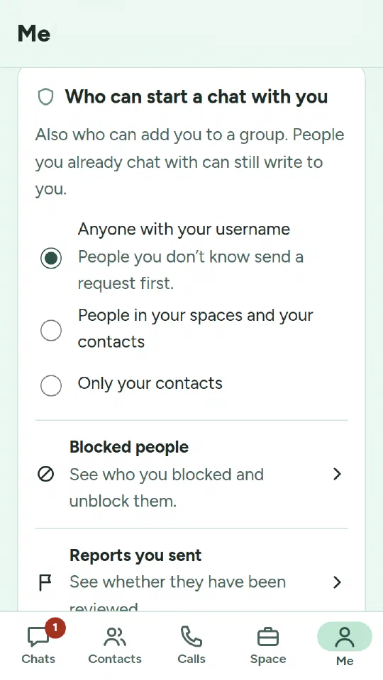 The setting Who can start a chat with you, with three choices