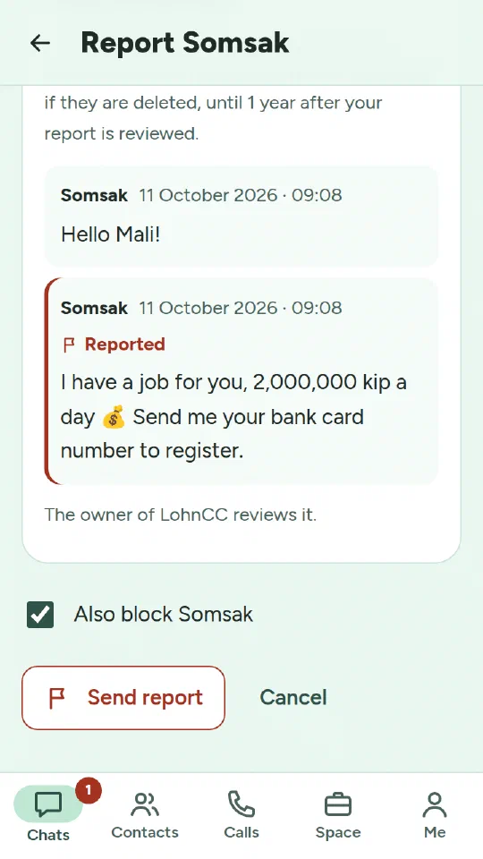 The report screen with a copy of the reported message, the earlier message, and Also block ticked