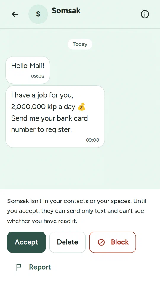A message request from a stranger offering a job for a bank card number, with Accept, Delete and Block buttons