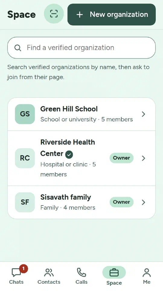 The Space tab lists a school, a verified clinic and a family